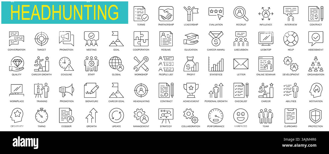 Set of Headhunting icons for web in outline style. Recruitment icons for web and mobile app. Career, resume, job hiring, candidate, HR, business, head Stock Vector