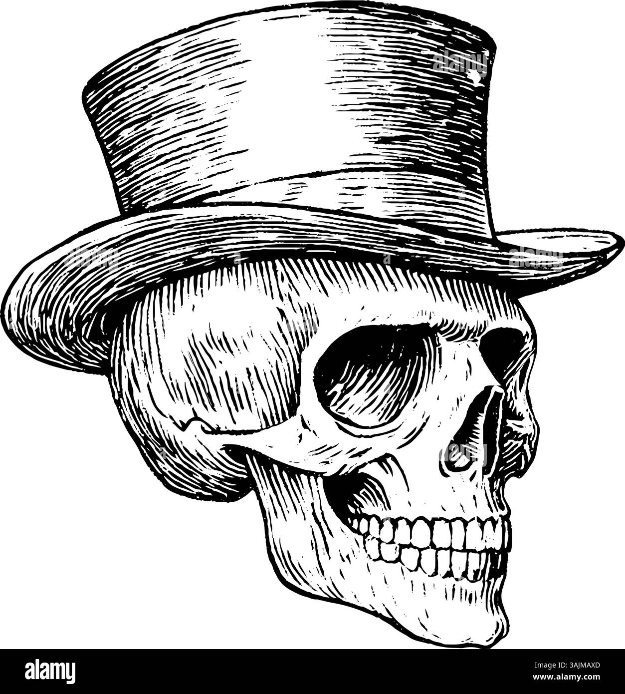 An intricately detailed illustration of a skull wearing a top hat ...