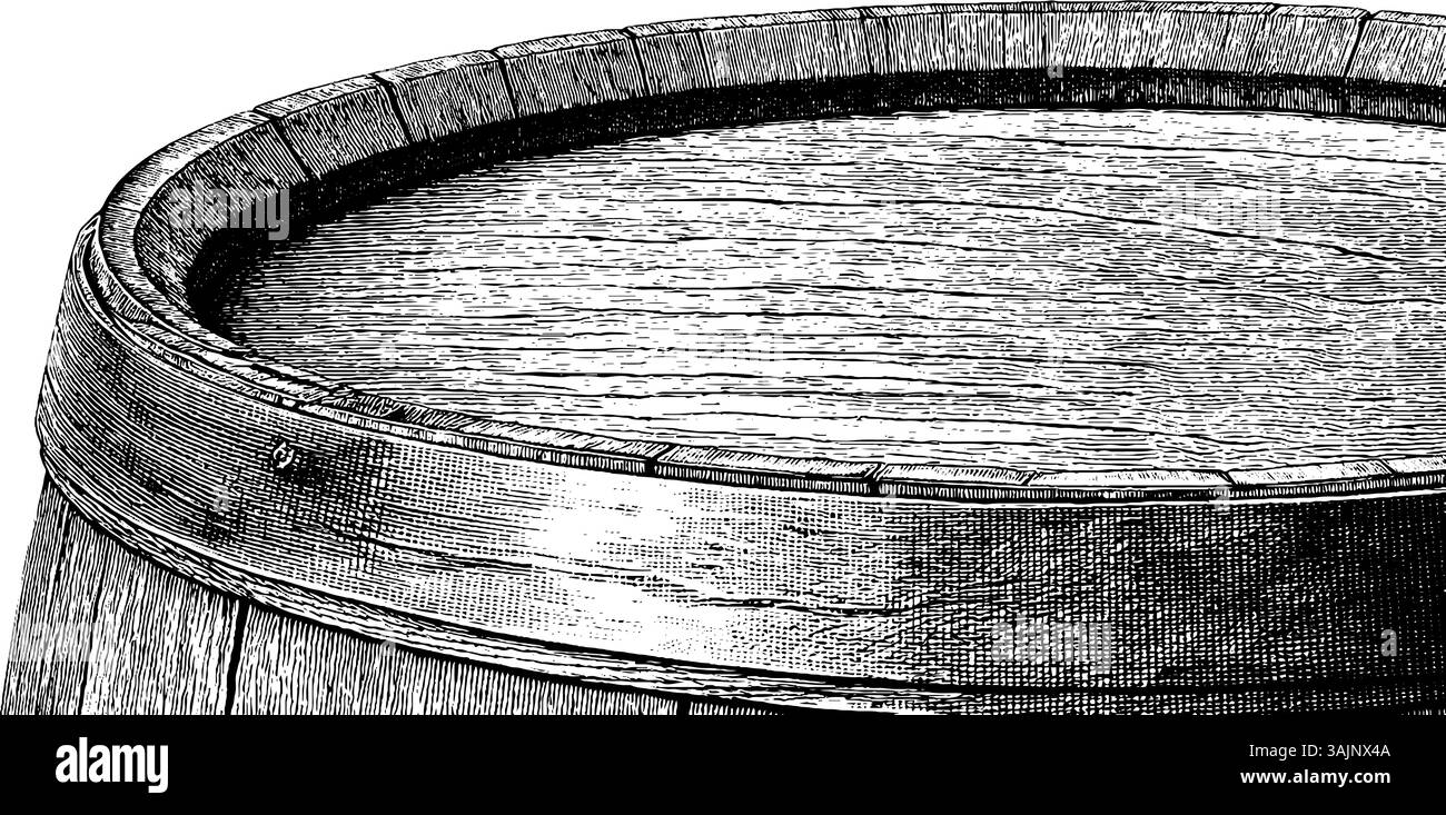 Vintage wood barrel drawing with detailed stave and hoop engravings ...