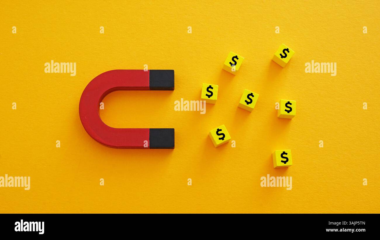Magnet attracting dollars. Revenue generation. Stock Photo