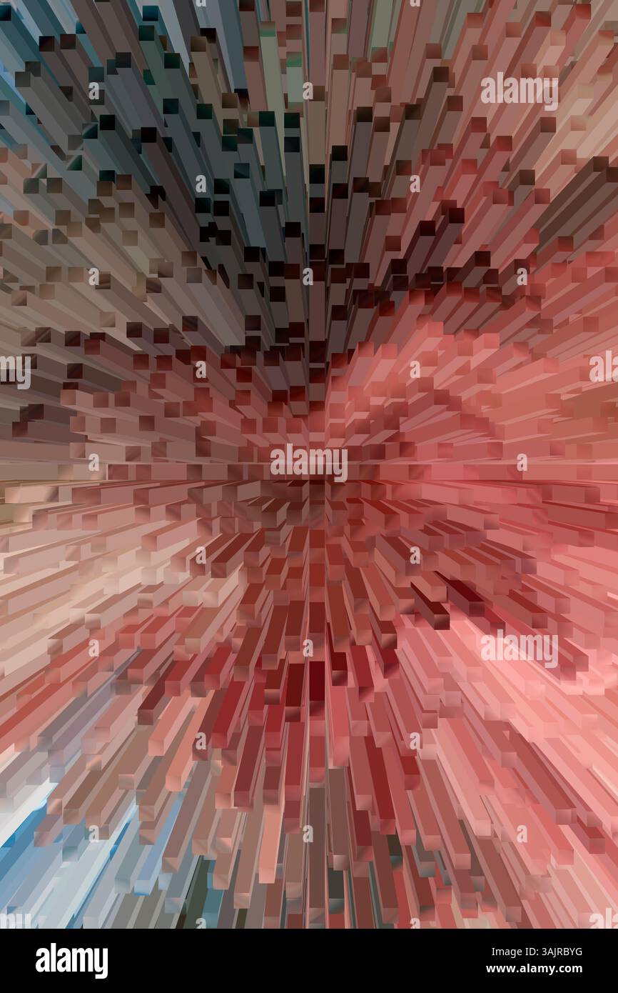 Vibrant red and beige 3D rectangular shapes creating a dynamic abstract composition. Dynamic 3D blocks in explosive abstract design. Stock Photo