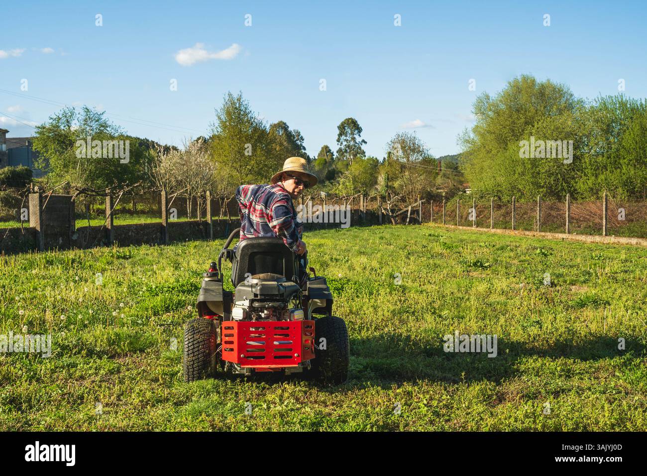 Man on riding lawn mower Stock Photo - Alamy
