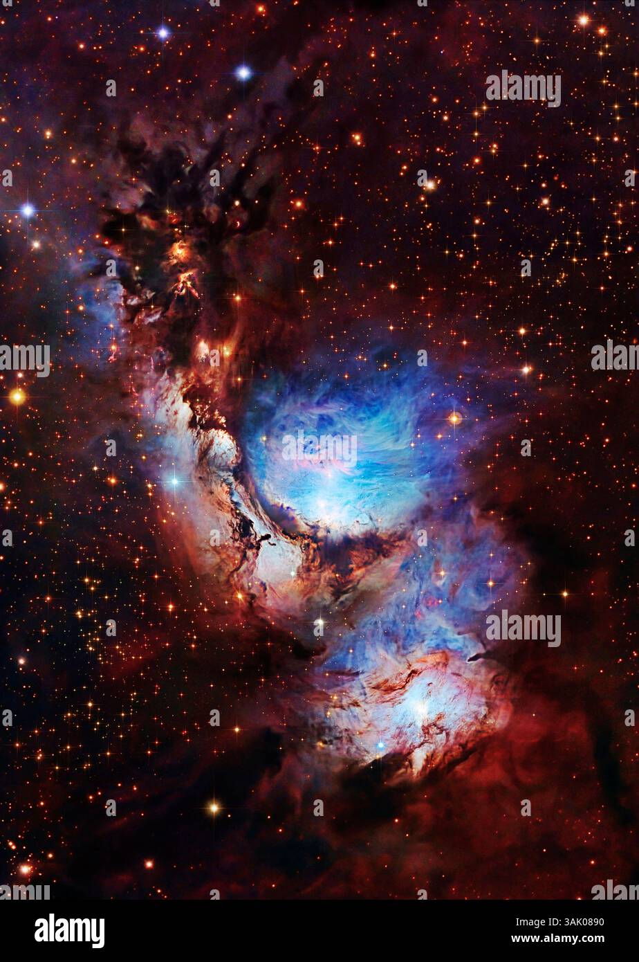 Reflection nebula M78. Composite image of the Messier 78 nebula (M78, or NGC 2068). M78 is around 4 light years across, and is one of the brightest reflection nebulae in the night sky. It is located in the constellation of Orion, some 1600 light years from Earth. Imaged with data from multiple sources, including the 8.2 Metre Subaru Telescope (NAOJ), European Southern Observatory (ESO) and Chilean Advanced Robotic Telescope (CHART 32). Stock Photo