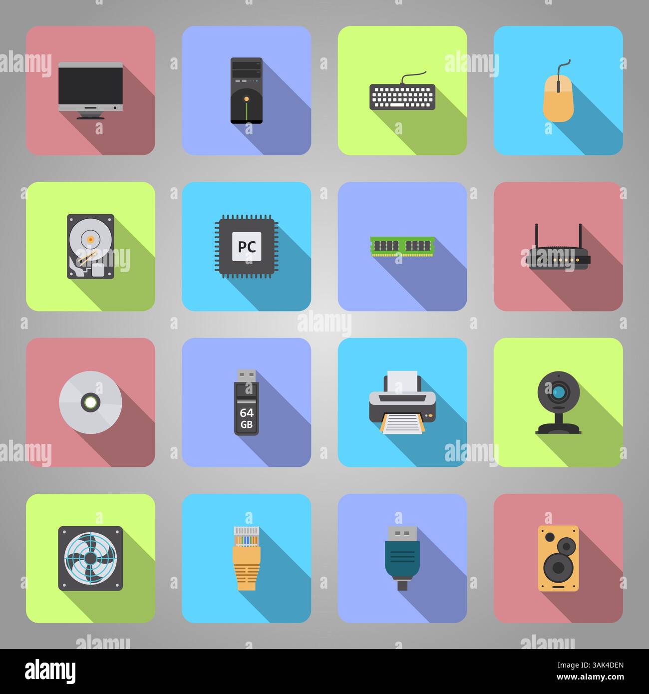 Computer hardware icons white flat design in square vector Illustration Stock Vector