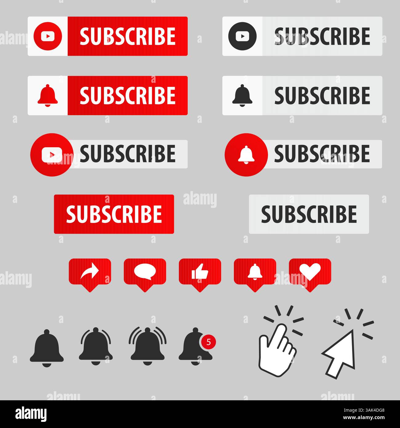 Vector subscription interface red and white button icons cursor hand for web design and internet Stock Vector