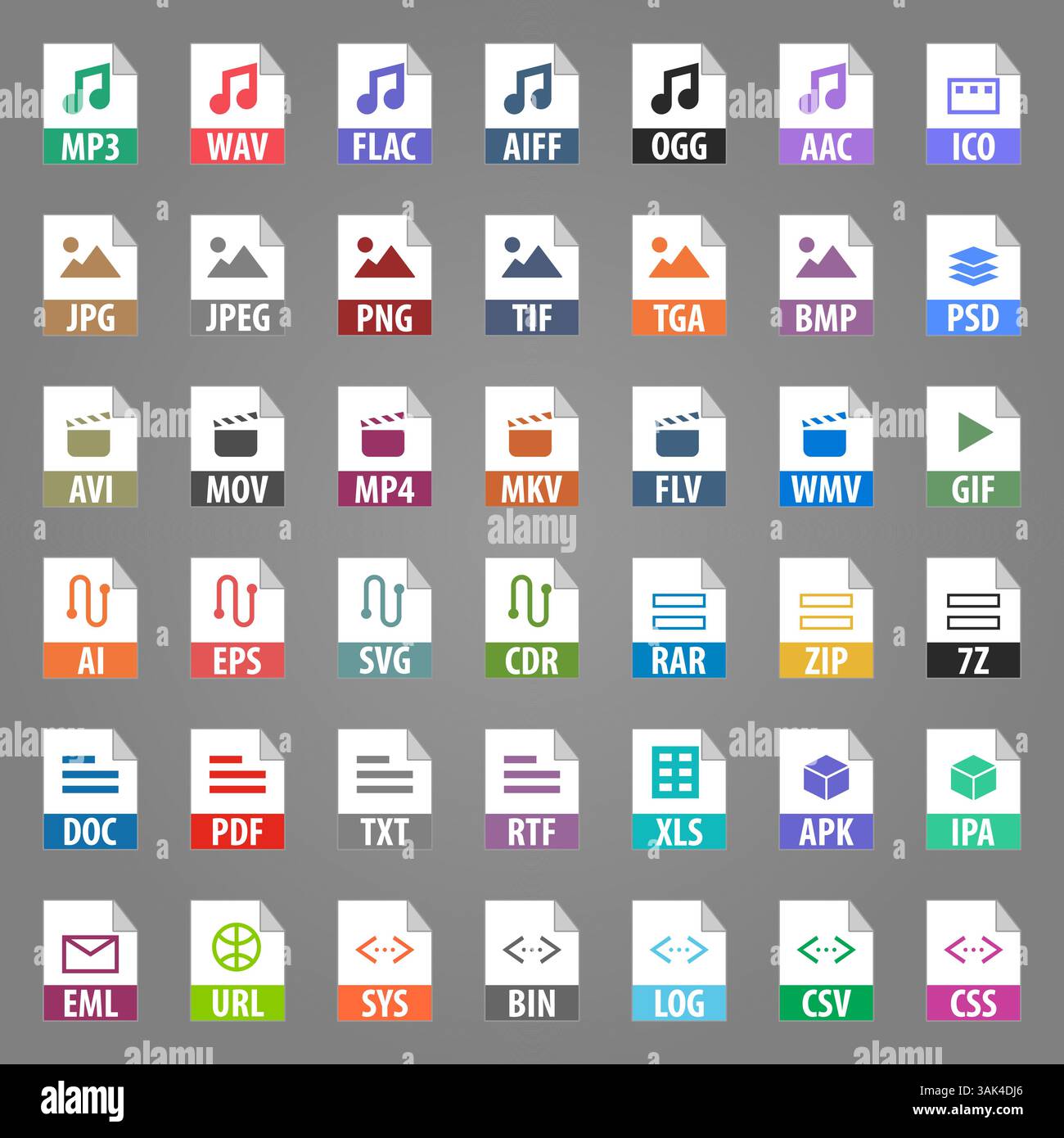 Set of vector icons audio video vector programming photo text file types Stock Vector