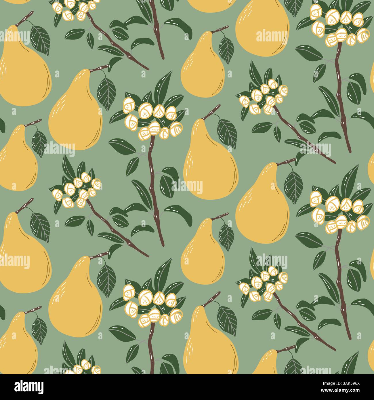 Seamless Pattern with Pears and Branches on Green Background Stock Vector