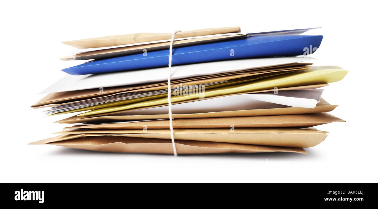 Stack of different paper envelopes isolated on white. Post office Stock Photo