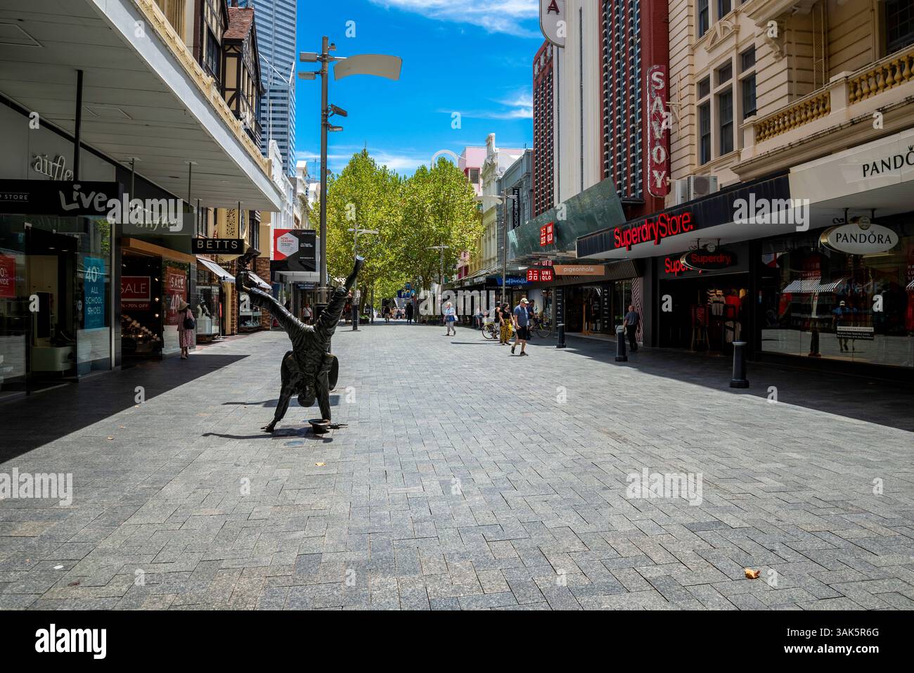 Pedestrian Street with Shops And Sculpture on a Sunny Day in a City Centre, Perth, Australia, January 2020 Stock Photo