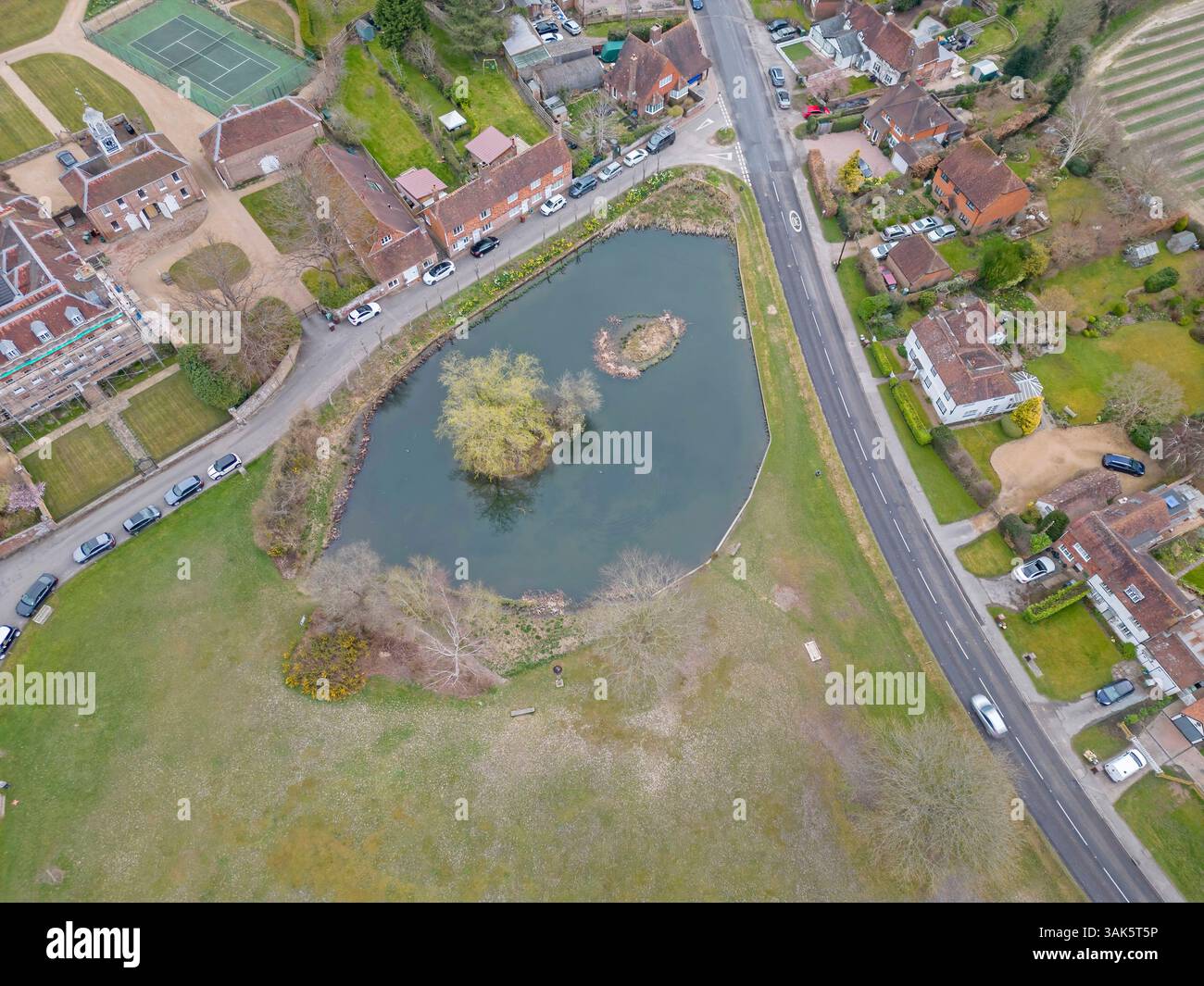 aerial view of the village pond in the small kent village of matfield Stock Photo