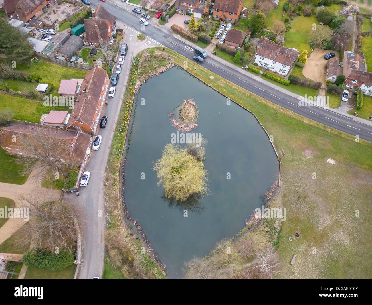 aerial view of the village pond in the small kent village of matfield Stock Photo