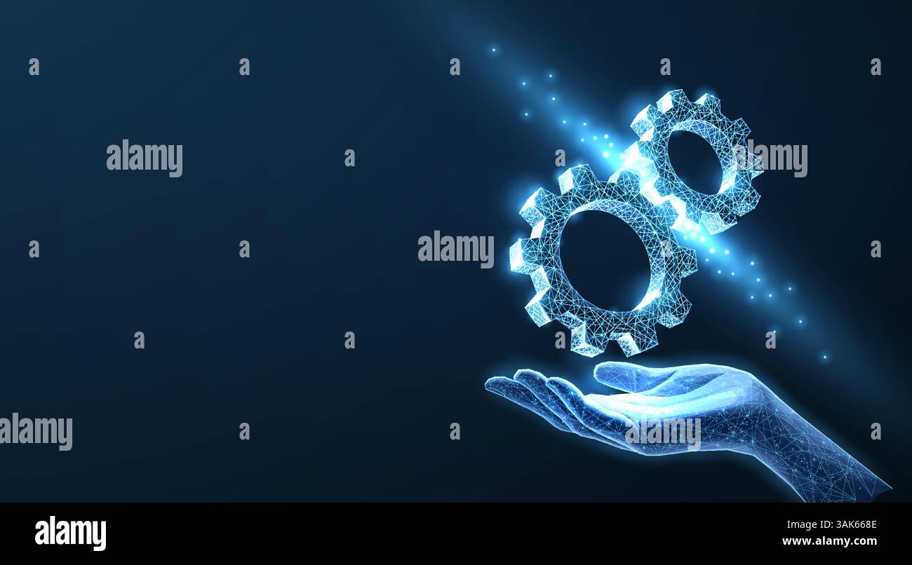 Hand holding 3d gear mechanism. Engine solution, digital technical support. Stock Vector