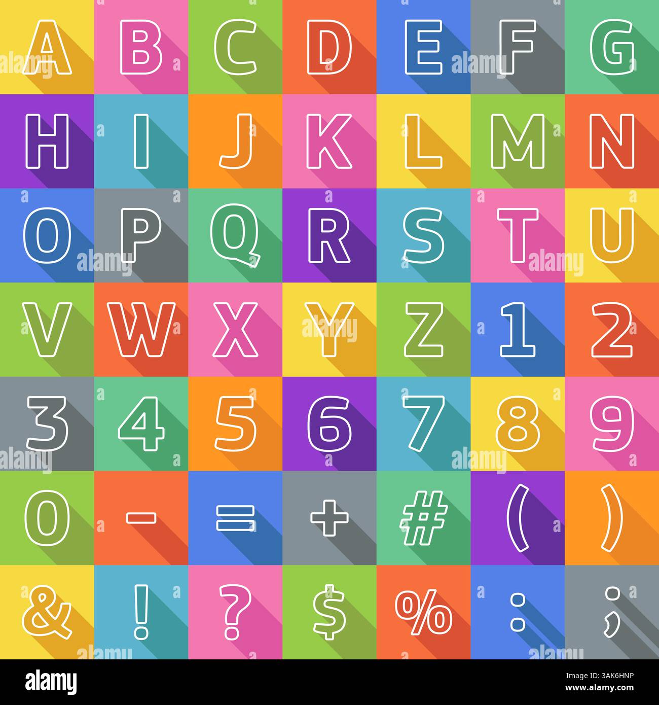 Vector alphabet with symbols and letters on bright colored backgrounds ...