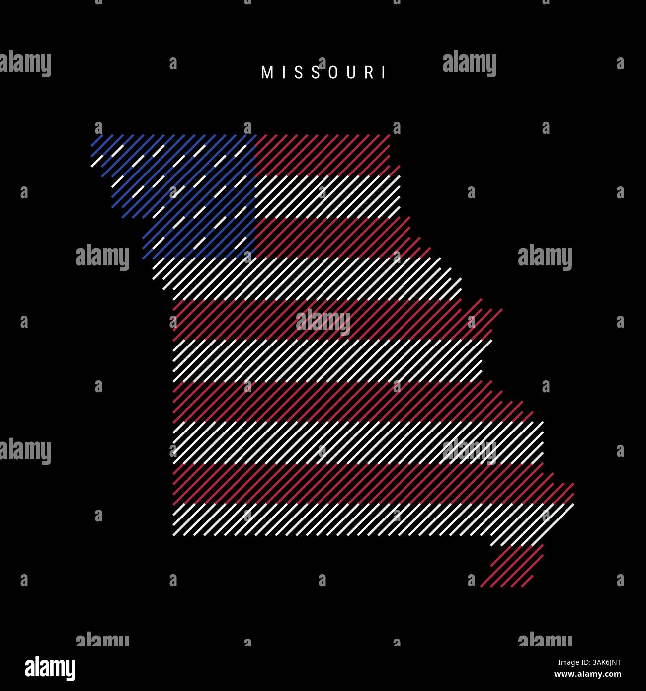 Missouri US state hatched silhouette map of slanted parallel lines pattern in the colors of the American flag, textured stylized map. Vector illustrat Stock Vector