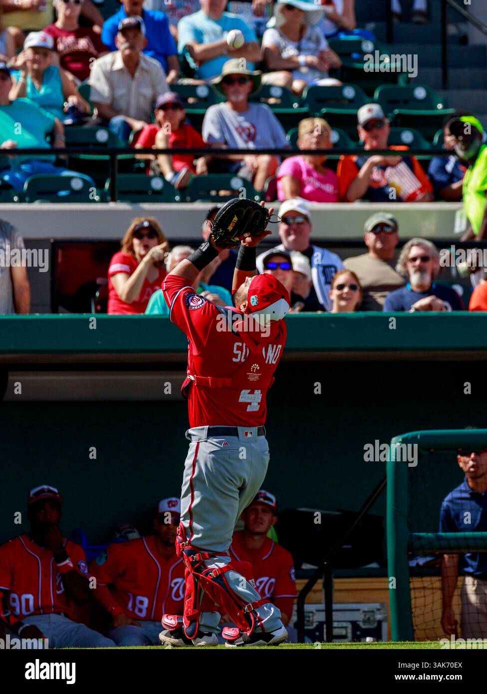 Washington Nationals catcher Jhonatan Solano (23) stands in front of the  Columbian flag before a baseball game against the Miami Marlins at  Nationals Park Wednesday, Aug. 28, 2013, in Washington. (AP Photo/Alex