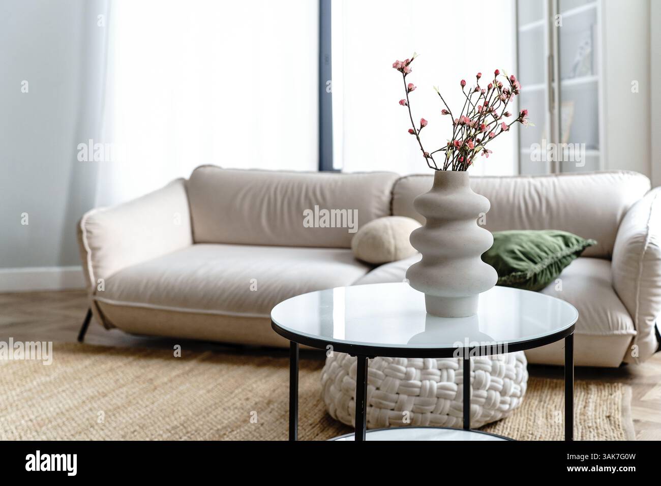 Interior of a living room with a sofa, coffee table and vase of flowers ...