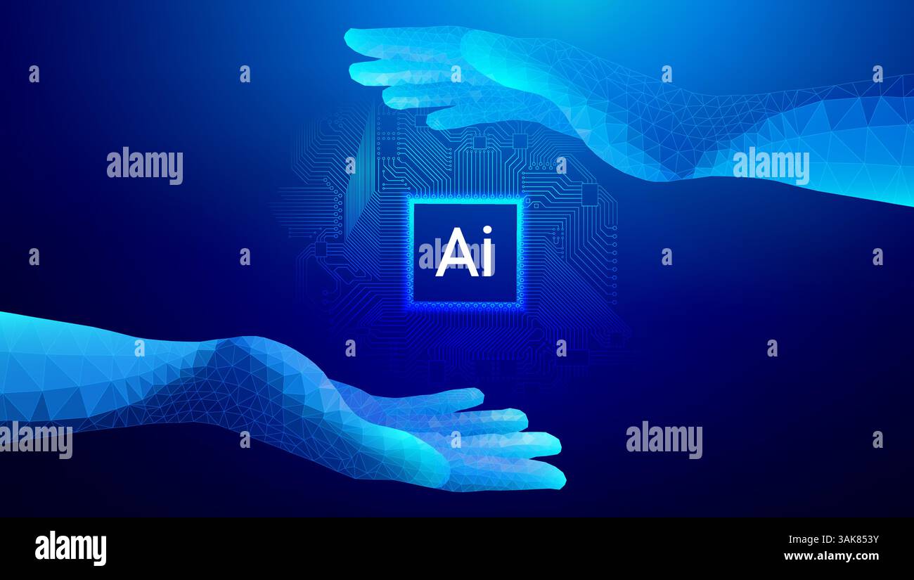 Futuristic digital ai hand holding AI microchip with circuit board ...