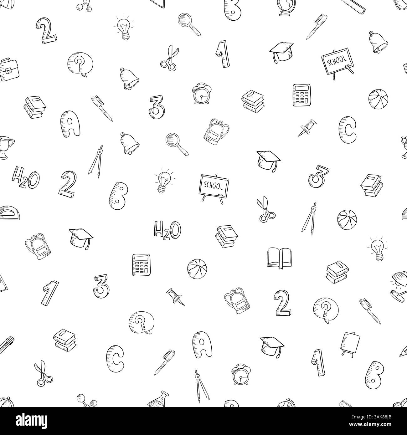 Seamless vector pattern on a white background school items in a flat style doodle numbers Stock Vector