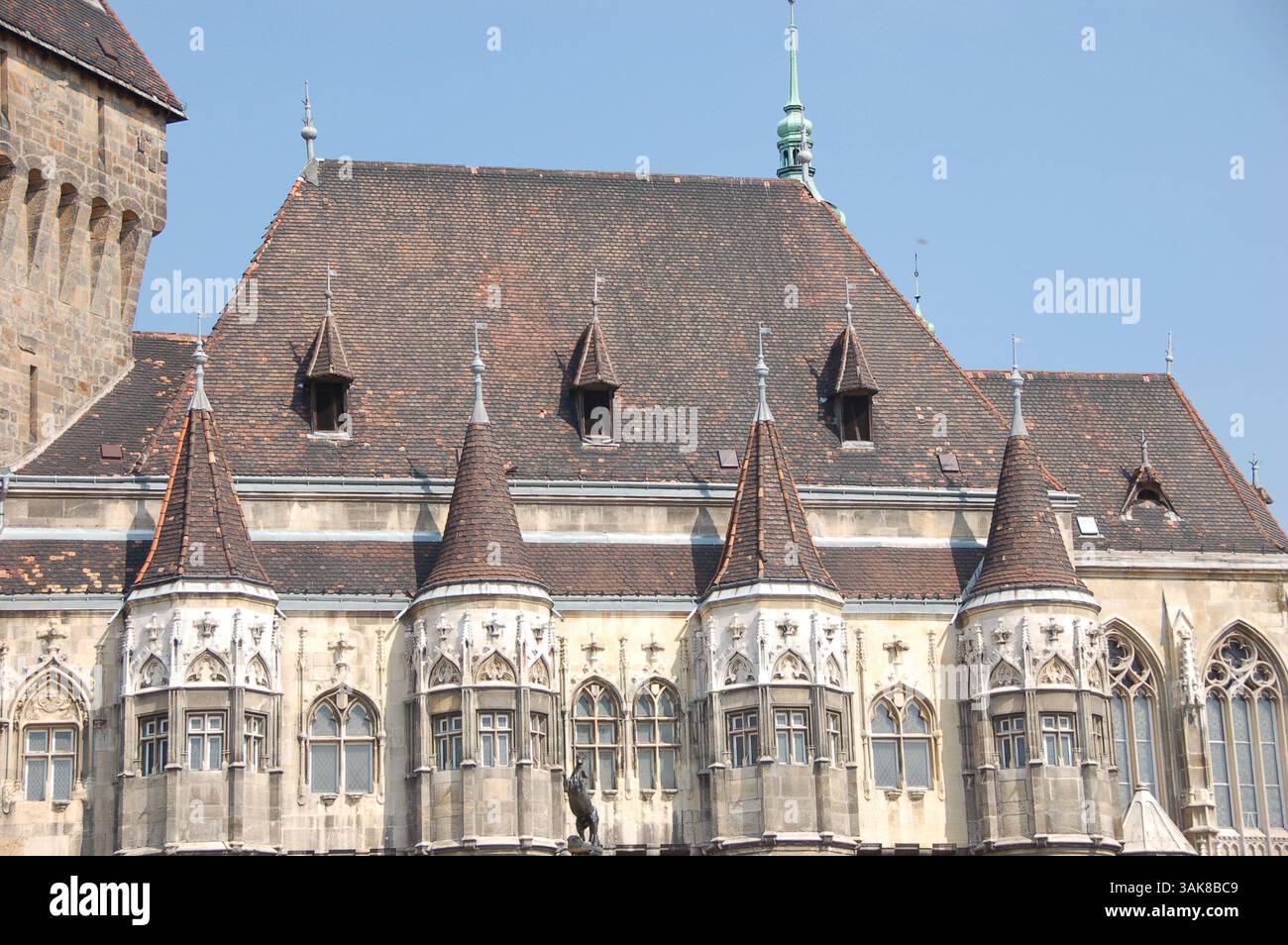 Close-up of the ornate towers and roof details of Vajdahunyad Castle in Budapest, showcasing Neo-Gothic architecture on a clear day Stock Photo