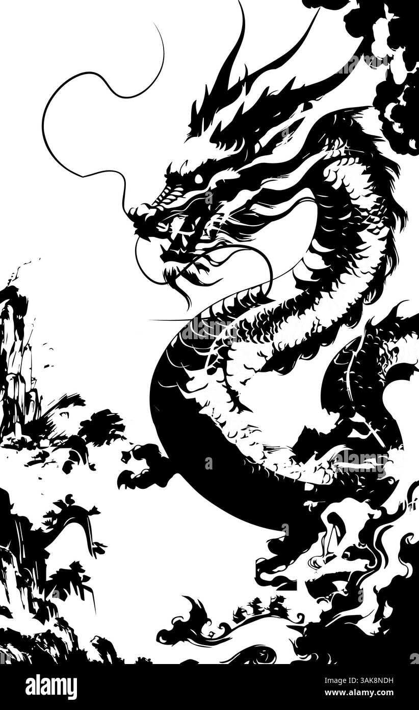 This dragon drawn in gritty ink texture, go hua,Merging japanese painting with street art,this expressive drawing uses dirty brush details and a clean Stock Photo
