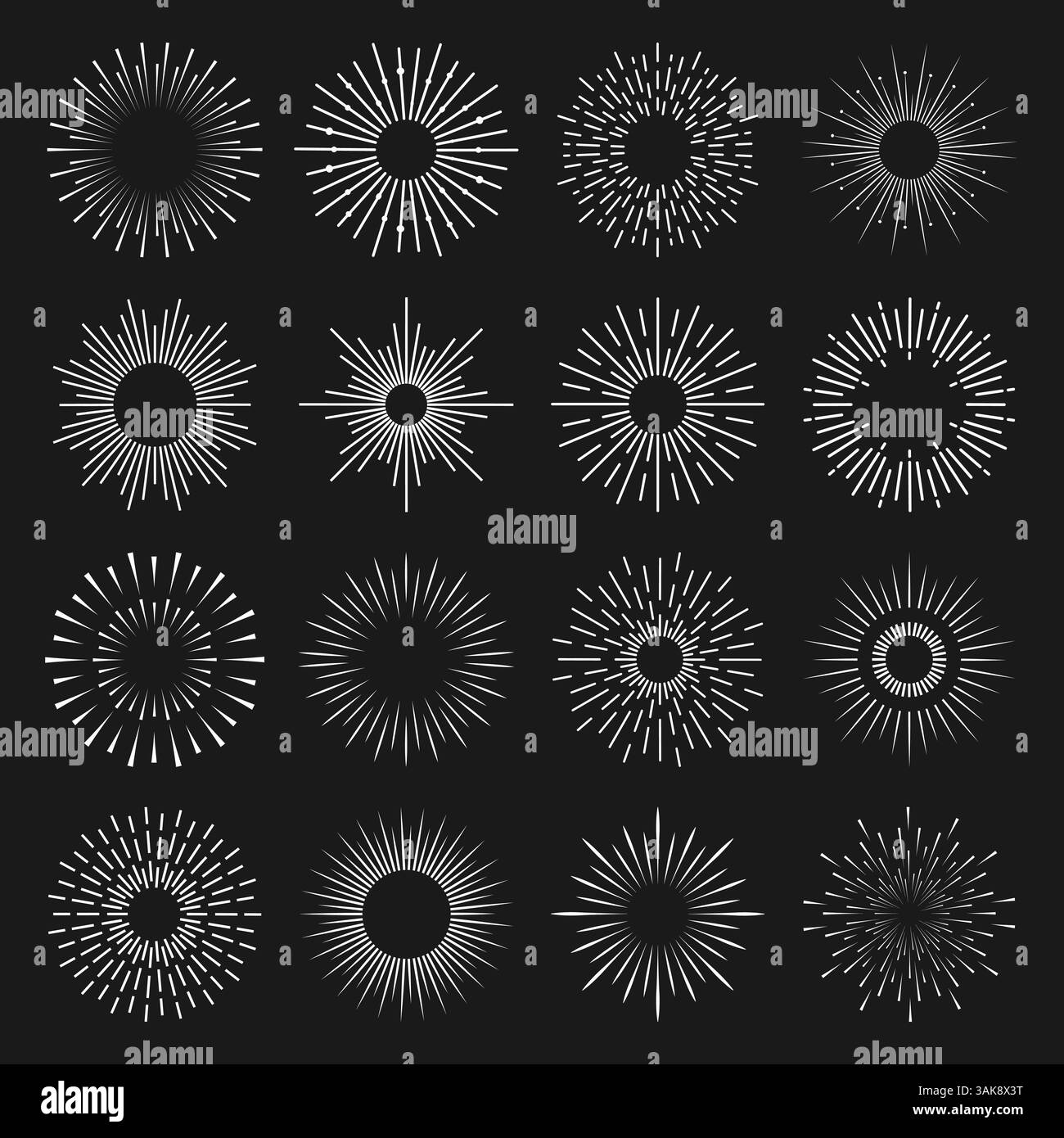 Vector set of round white rays on black background for web design and ...