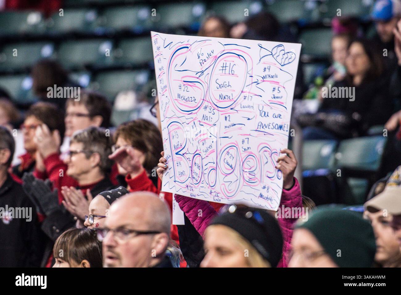 March 19, 2017 - St. Charles, MO, U.S - A Wisconsin fan holds up a banner with all the players names on them in the NCAA Women's Frozen Four ice hockey championship game played at The Family Arena in St. Charles, MO on Sunday March 19, 2017 (Credit Image: © Richard Ulreich via ZUMA Wire) Stock Photo