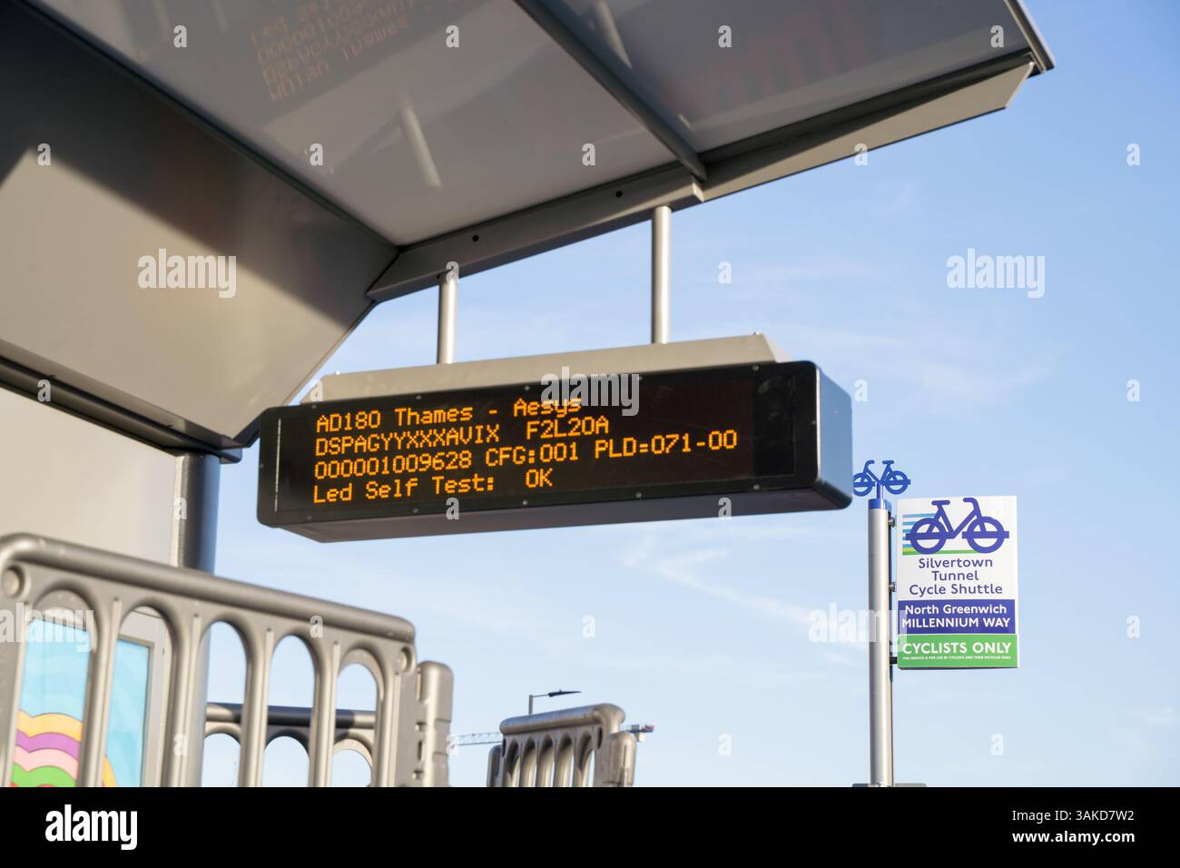 Cycle shuttle bus stop LED info screen during testing phase showing "Led self test: OK" , built for Silvertown tunnel crossing in London England UK Stock Photo