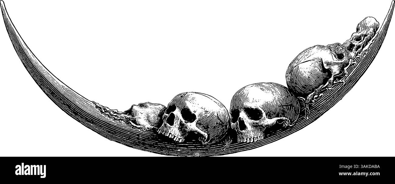 Engraved crescent moon illustration with dangling skulls for gothic and halloween design. Stock Vector