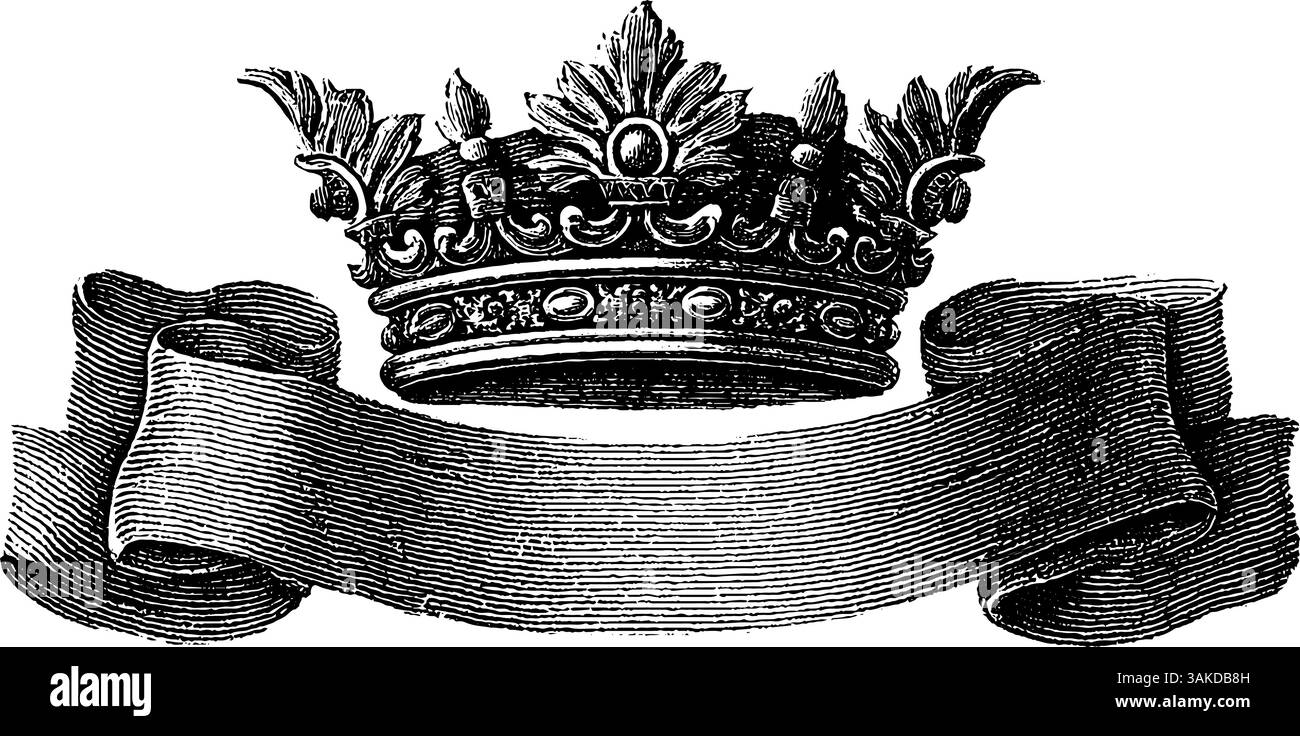 Engraved crown above royal ribbon design for vintage decor and heraldic ...