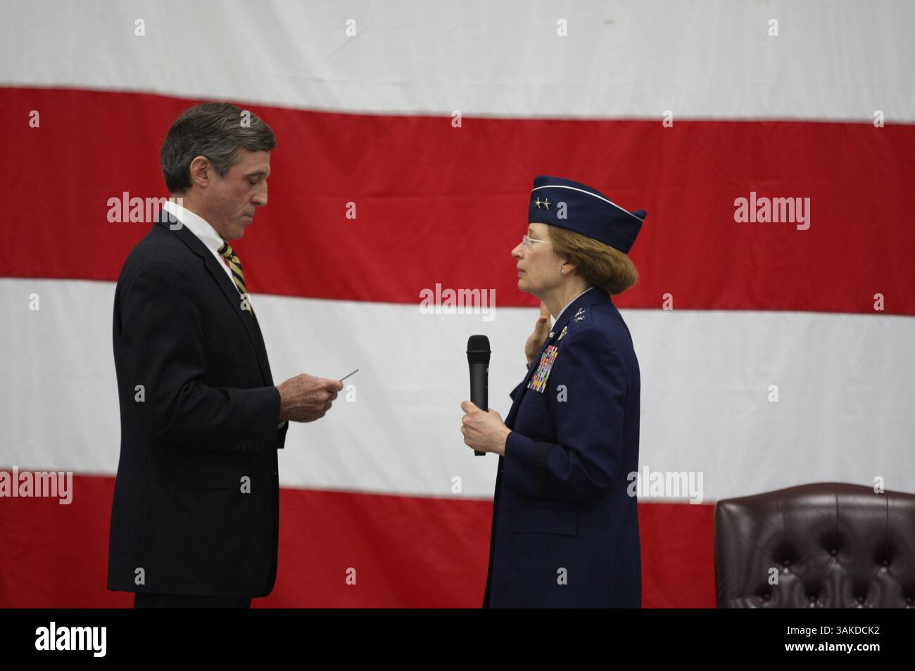 February 12, 2017 - New Castle, United States - Delaware National Guard Commander Carol Timmons receives the oath of office from Delaware Governor John Carney during the change of command ceremony at the Army Aviation Support Facility February 12, 2017 in New Castle, Delaware. (Credit Image: © James Pernol/Planet Pix via ZUMA Wire) Stock Photo