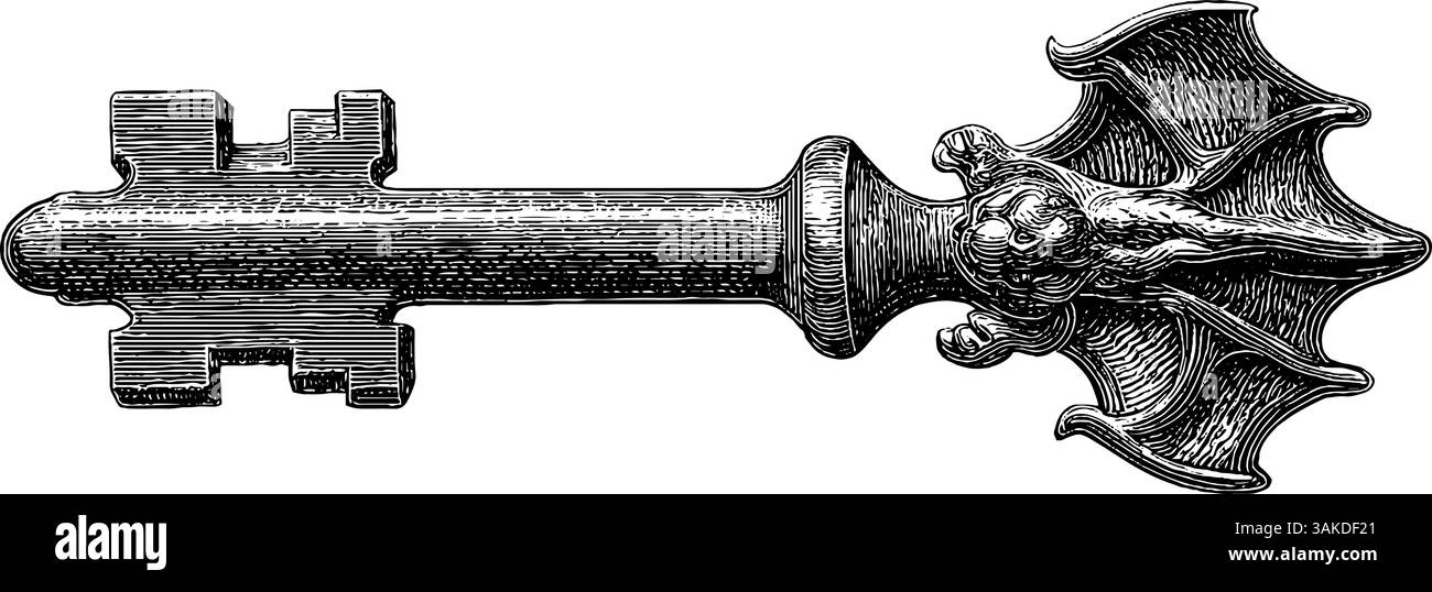 Gothic key with bat wings - vintage engraved illustration for halloween ...