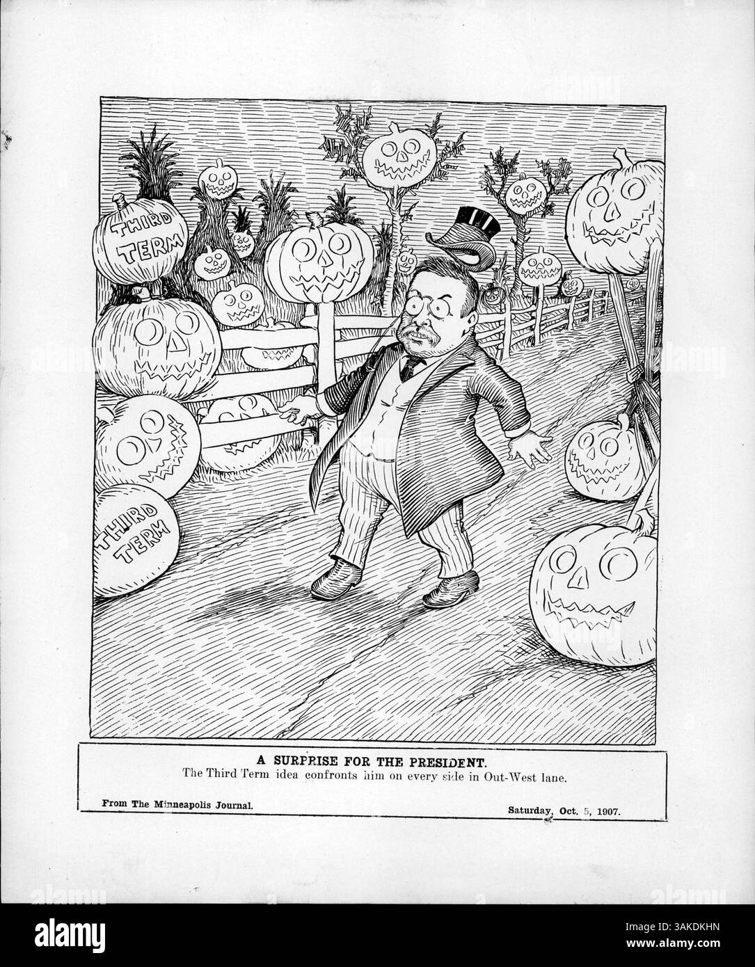 In this 1930s cartoon, President Roosevelt is surprised by the Third Term idea presented as jack-o-lanterns, symbolizing public pressure for his third-term candidacy despite his earlier statements denying interest. Stock Photo