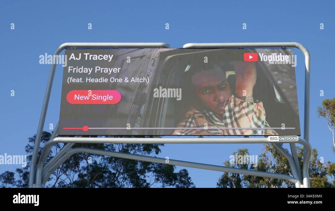 Los Angeles, California, USA 11th April 2025 AJ Tracey Friday Prayer feat  Headie One & Aitch YouTube Billboard on Sunset Blvd on April 11, 2025 in Los Angeles, California, USA. Photo by Barry King/Alamy Stock Photo Stock Photo