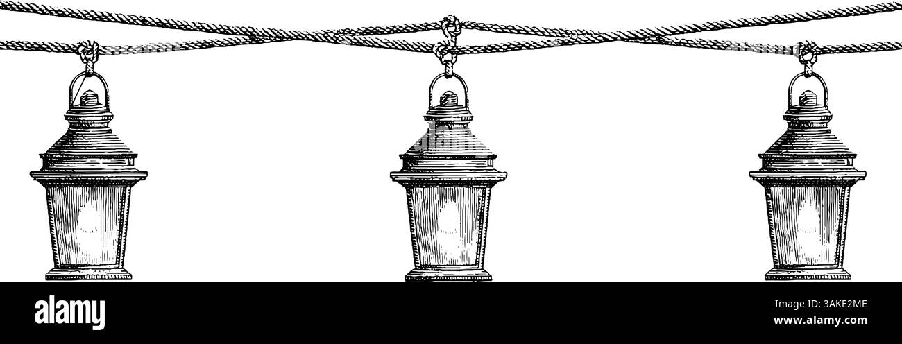 Hanging Light Ropes Drawing Vintage engraved lanterns hanging from ropes - classic design for decor ...