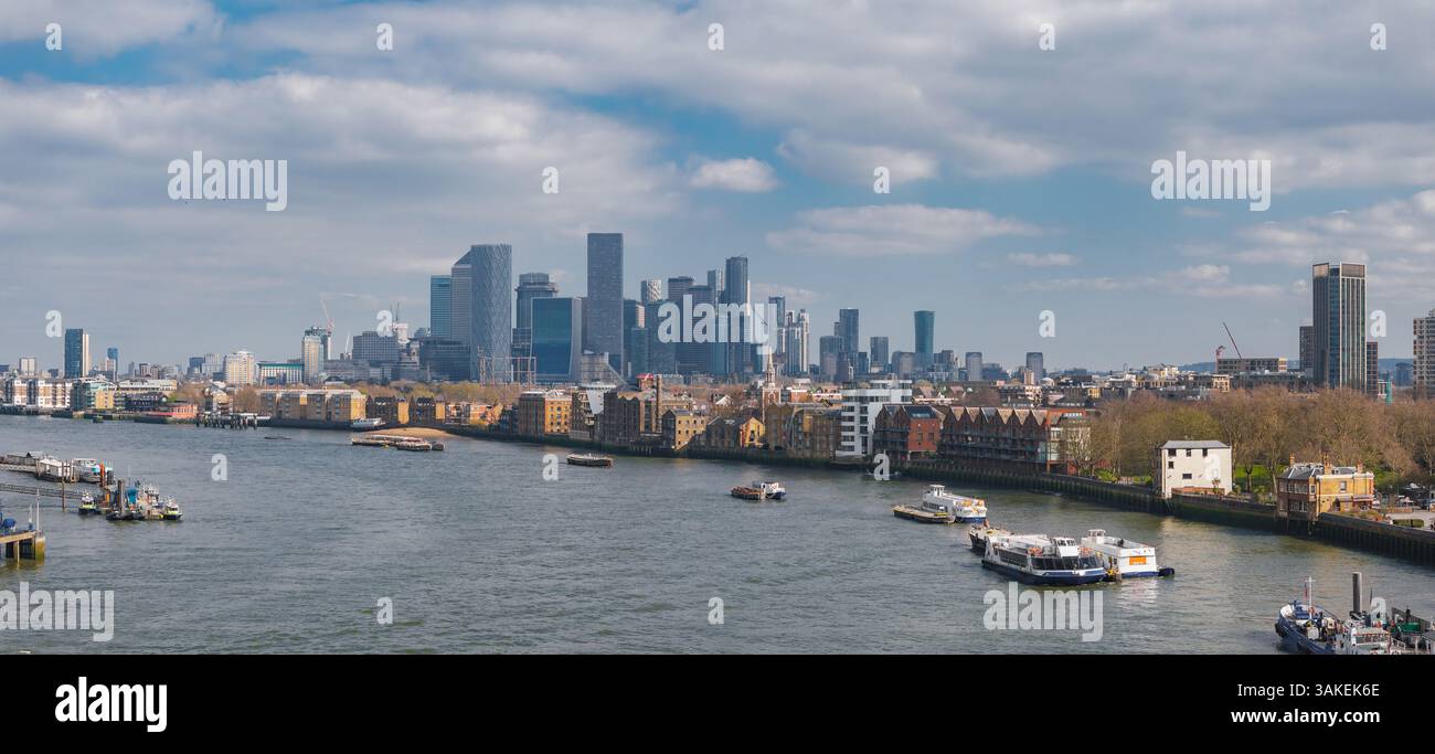 Aerial View of Canary Wharf Skyline and River Thames in London Stock ...