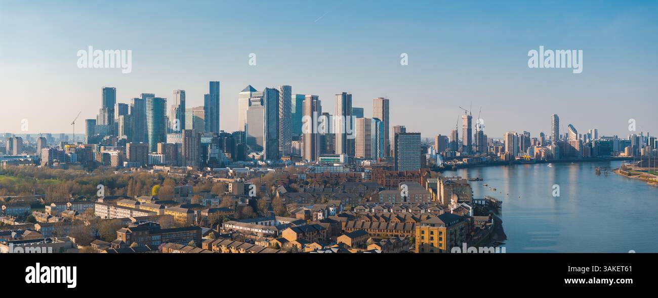 Aerial View of Canary Wharf Skyline and River Thames in London Stock ...