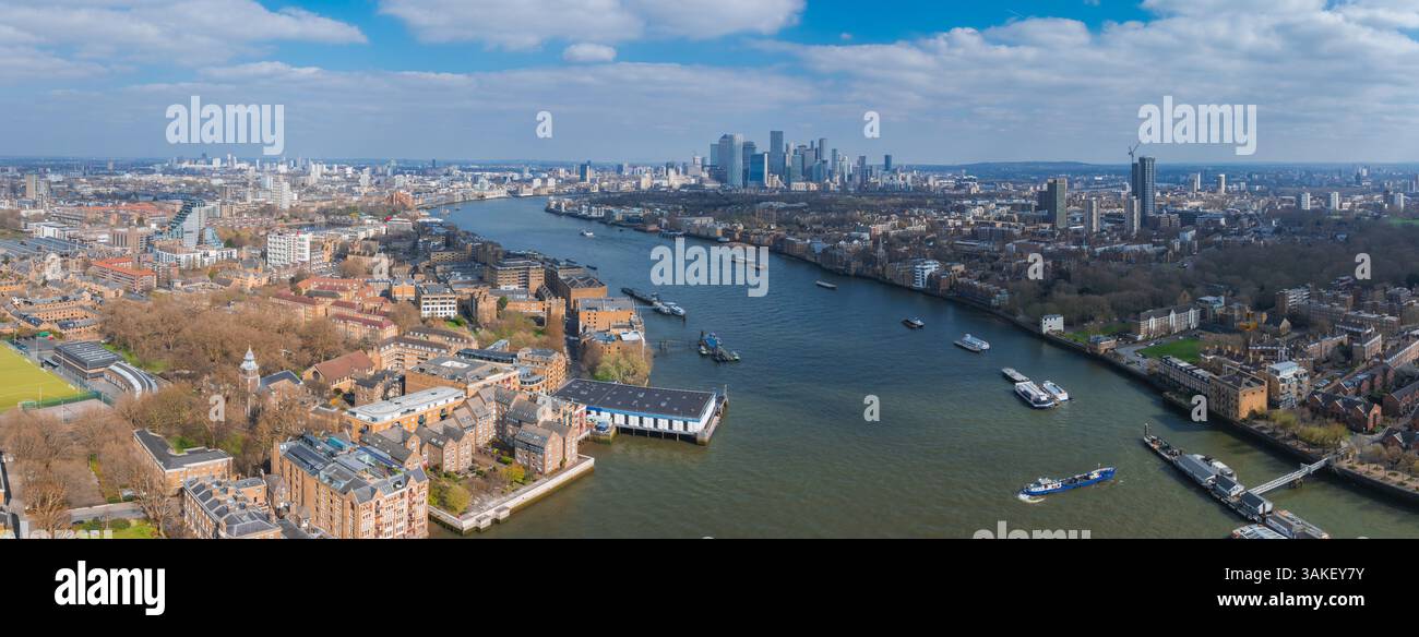 Aerial View of London with River Thames, Canary Wharf, and O2 Arena ...