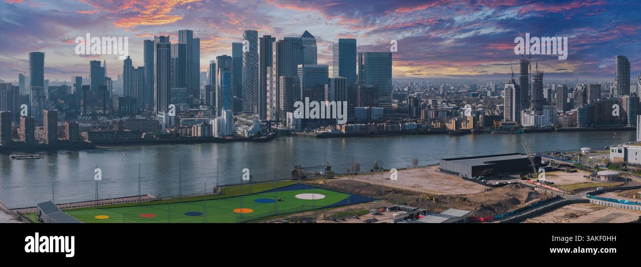 Aerial View of Canary Wharf Skyline and River Thames in London Stock ...