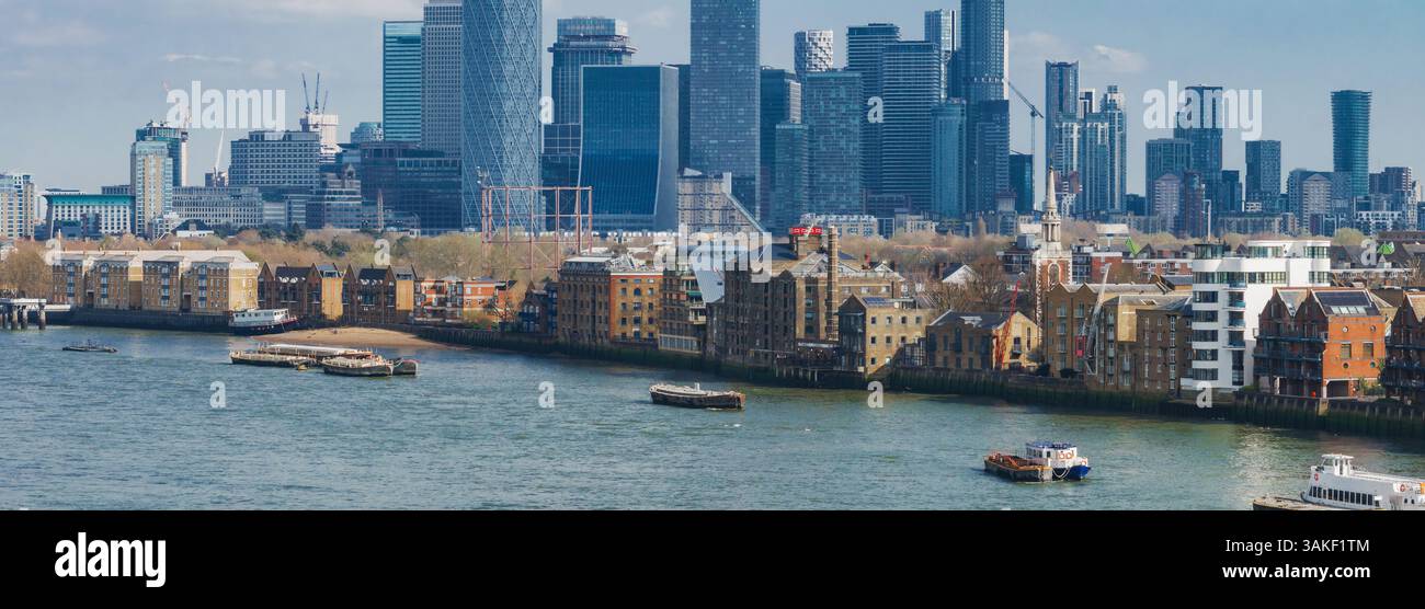 Aerial View of Canary Wharf Skyline and River Thames in London Stock ...