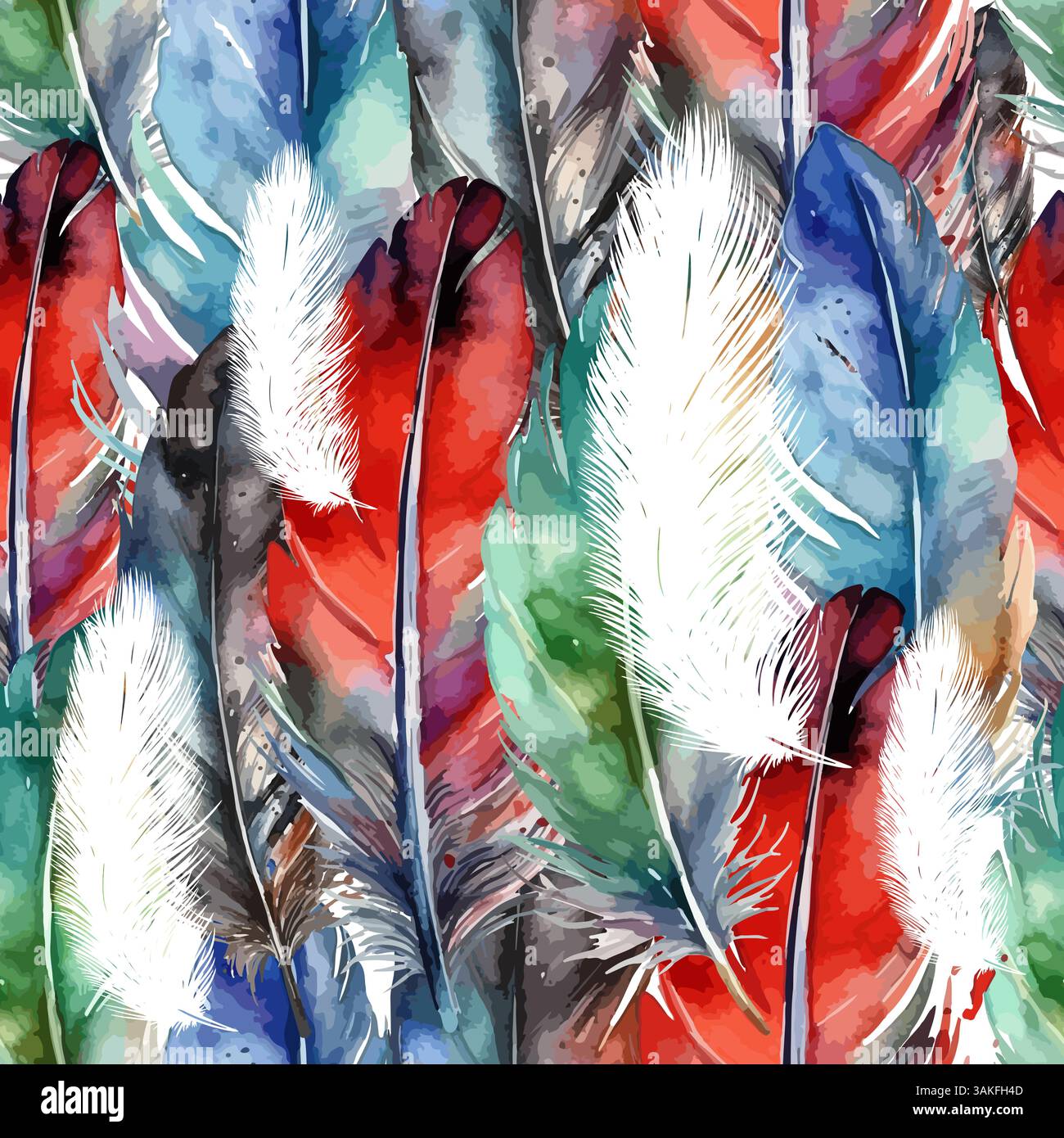 seamless background feathers colored . hand drawing. Not AI, Vector illustration. Stock Vector