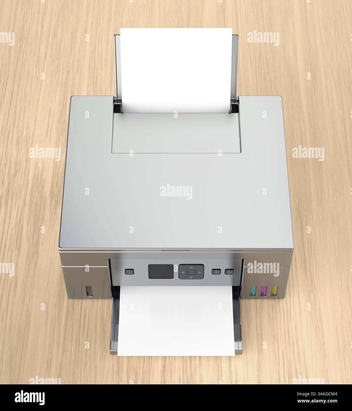Silver multifunction inkjet color printer on a wooden desk Stock Photo ...