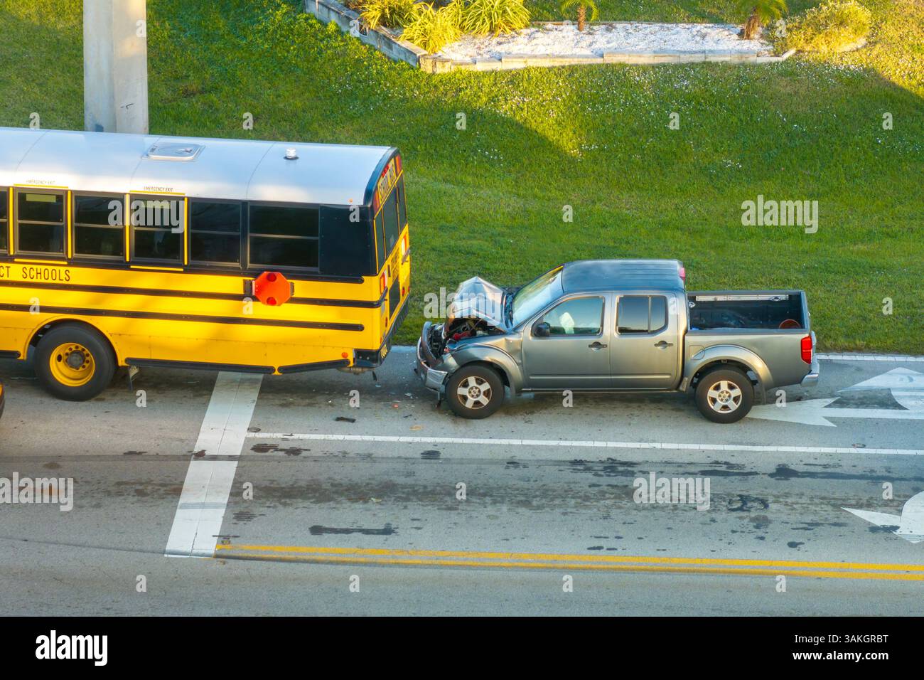 First responders responding to school bus and car accident site on ...