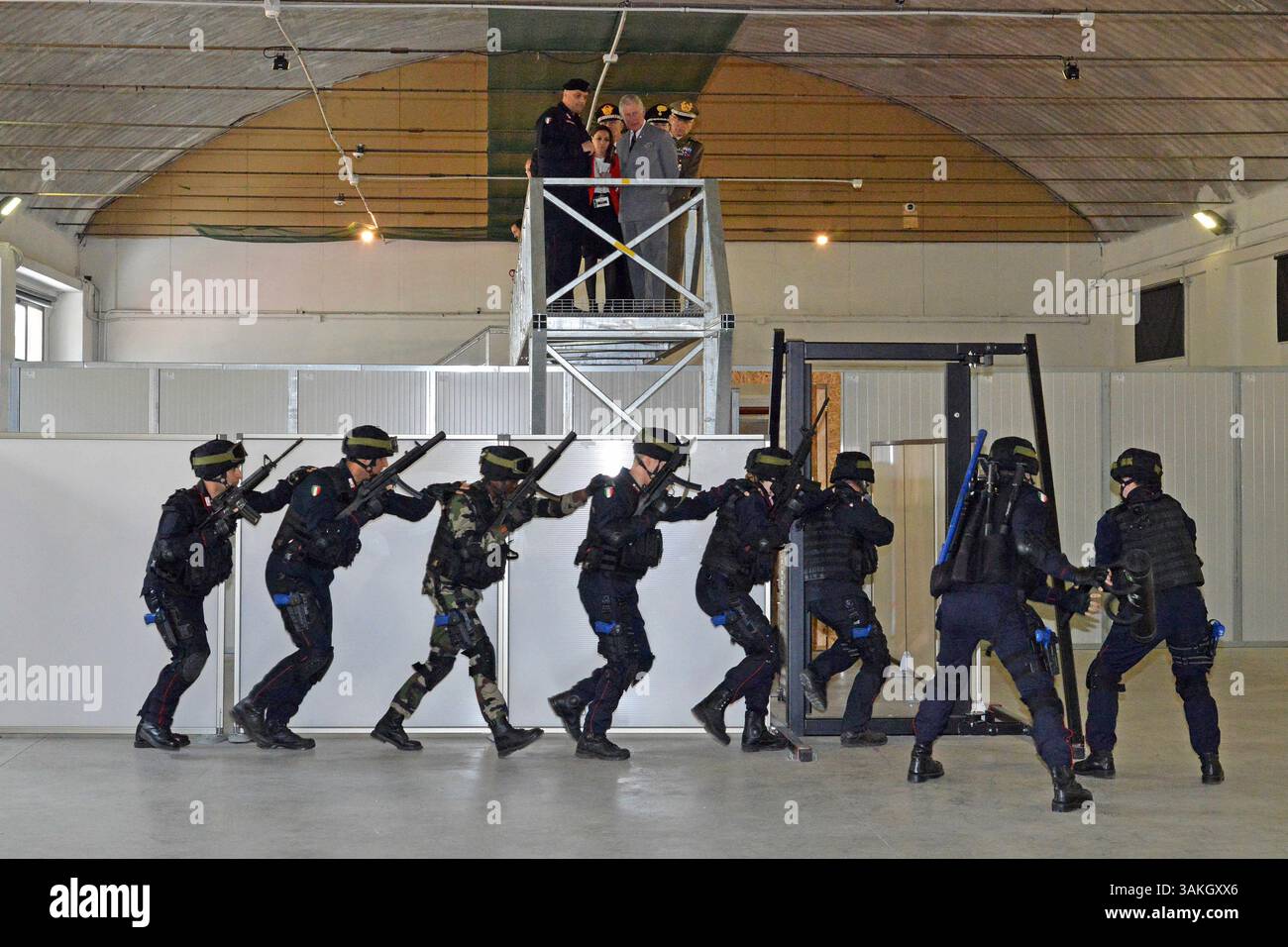 April 1, 2017 - Vicenza, Veneto, Italy - Charles, Prince of Wales watches a training demonstration during a visit to the Center of Excellence for Stability Police Units April 1, 2017 in Vicenza, Italy. The center is a train the trainer school developed by the Carabinieri for peace-keeping missions around the world. (Credit Image: © Paolo Bovo/Planet Pix via ZUMA Wire) Stock Photo