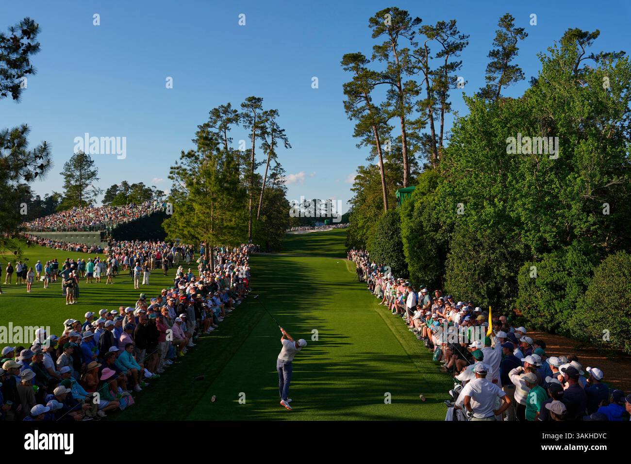 Rory McIlroy, of Northern Ireland, hits his tee shot on the 18th hole during the third round at the Masters golf tournament, Saturday, April 12, 2025, in Augusta, Ga. (AP Photo/Julia Demaree Nikhinson) Stock Photo