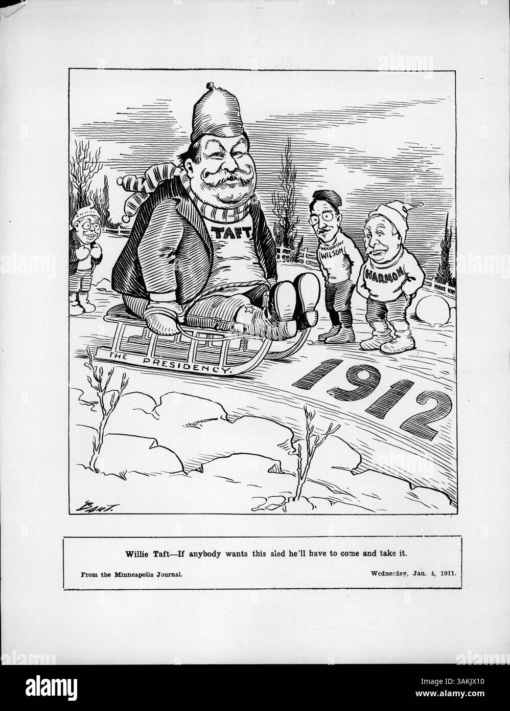 A satirical image of President Taft riding a sled labeled 'The ...