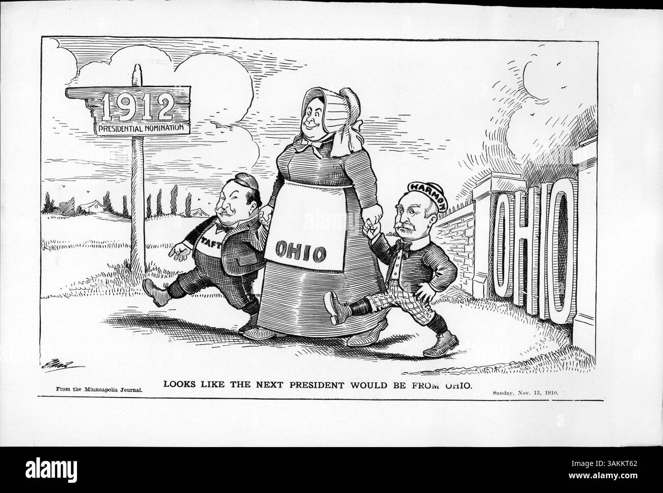 This illustration from 1912 features a matronly figure with a pilgrim ...
