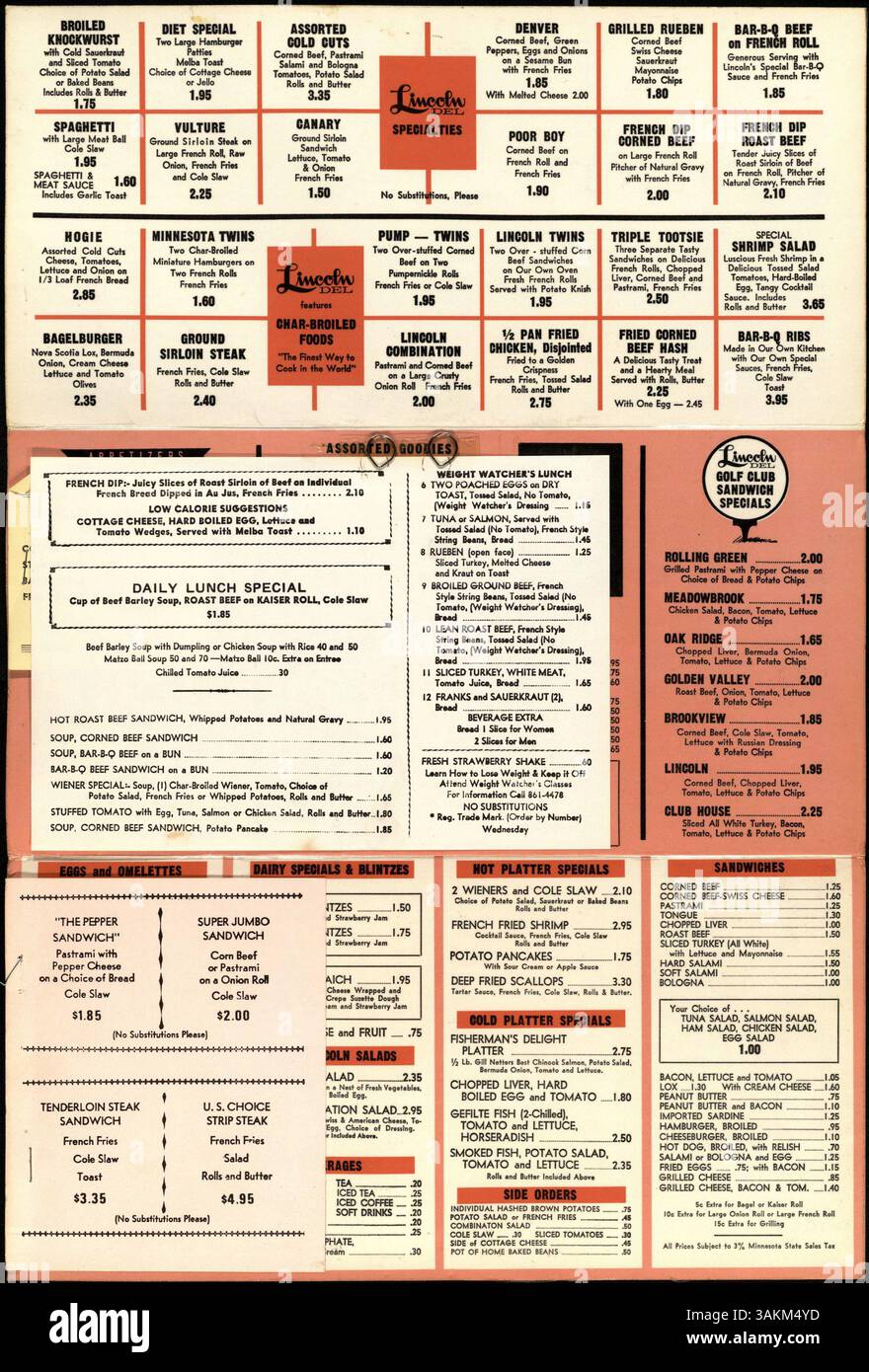 This tri-fold laminated color menu from Lincoln Del lists a variety of ...
