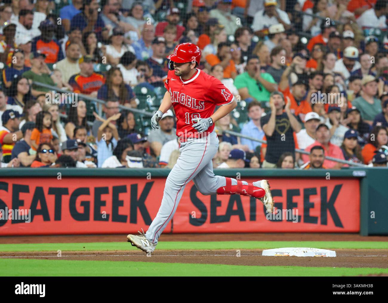 HOUSTON, TX - APRIL 12: Los Angeles Angels first baseman Nolan Schanuel ...