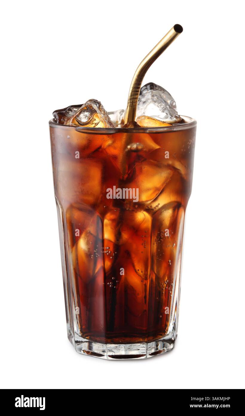 Glass of cola with ice cubes isolated on white Stock Photo - Alamy
