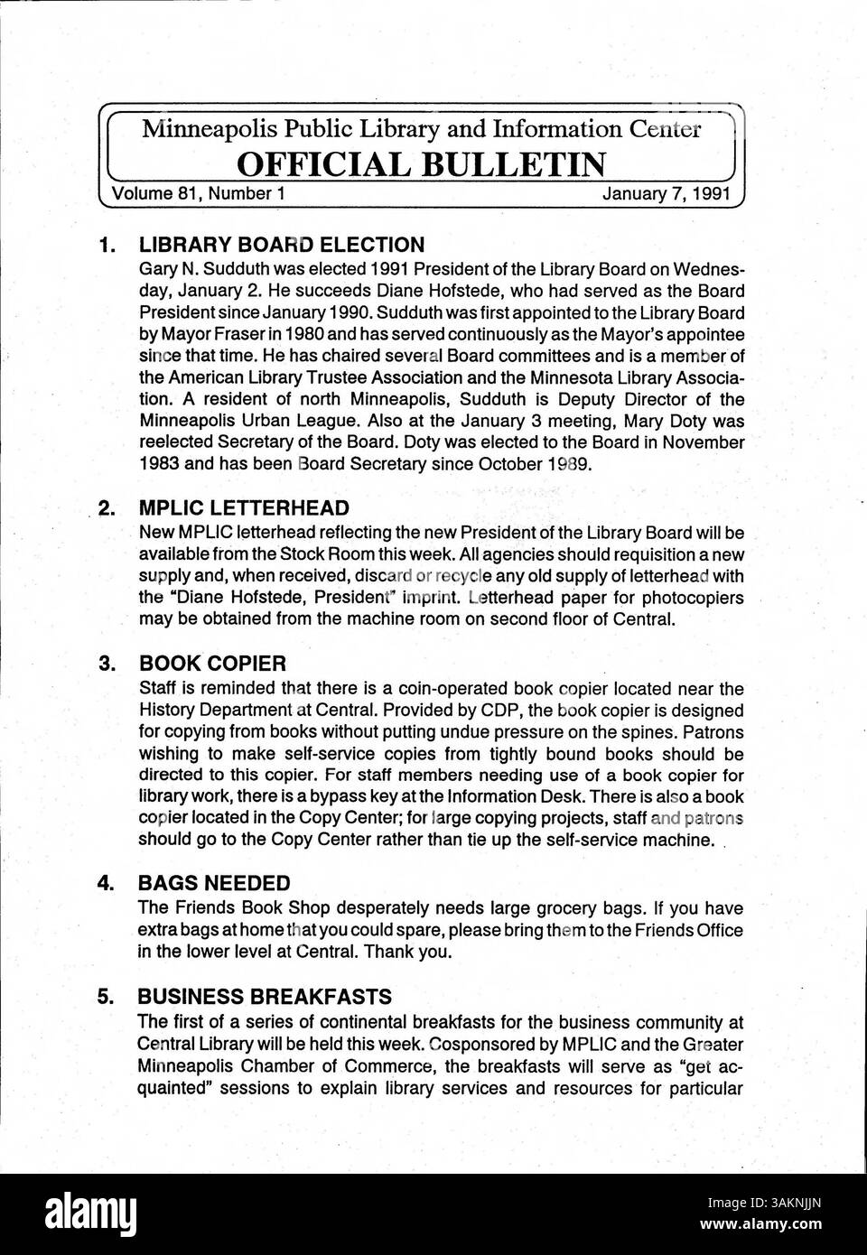 The 1991 official bulletin of the Minneapolis Public Library provides